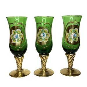 3 Vintage Green Tre Fuochi Murano Cordial Glasses 2 oz Gold Gilt Twist Stem